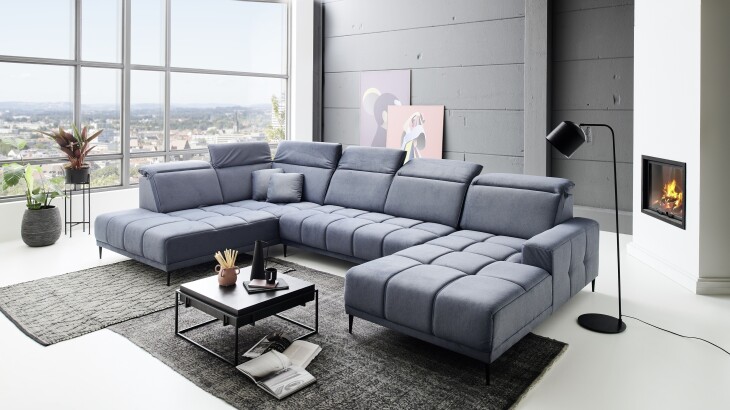 Wohnlandschaft >Lindesberg< 6x Kopfteilverstellung, 2 Kissen, blaugrau - 398x107x234cm (BxHxT)