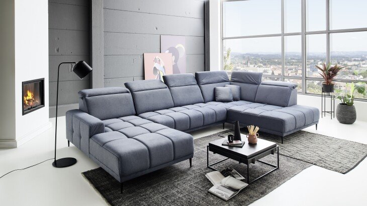 Wohnlandschaft >Lindesberg< 6x Kopfteilverstellung, 2 Kissen, blaugrau - 398x107x234cm (BxHxT)