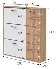 Schuhschrank >CLASS< 3 Klappen, 1 Tür, Nodi Eiche Dekor /Artik Weiß - 105x112x24 (BxHxT)