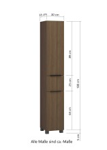 Hochschrank >Lille< in Canello-Eiche Dekor - 30x180x35cm (BxHxT)