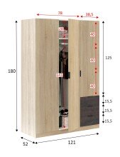Kleiderschrank >LC-180< 3 Schubladen, Canadian Eiche Dekor / Oxid - 121x180x52 (BxHxT)