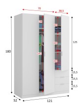 Kleiderschrank >LC-180< 3 Schübe, in Weiß - 121x180x52 (BxHxT)