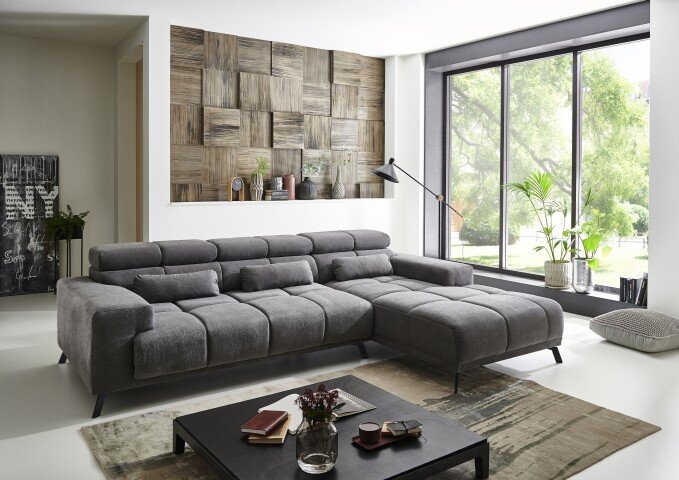 Wohnlandschaft >Starlett< elektrische Sitztiefenverstellung, 3 Kissen, grau - 285x99x201 (BxHxT)