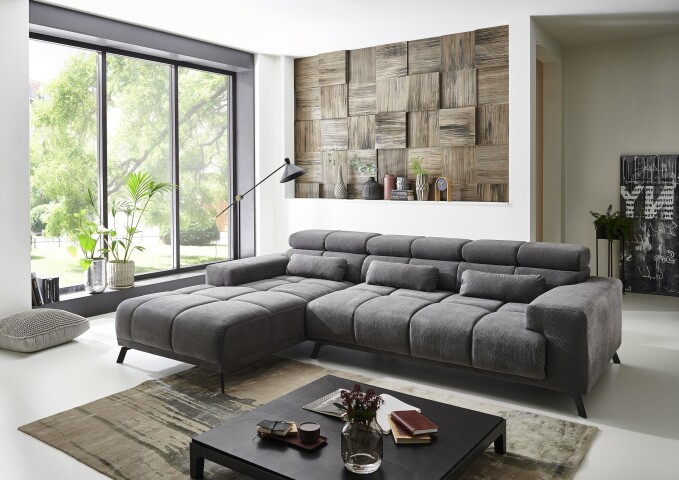 Wohnlandschaft >Starlett< elektrische Sitztiefenverstellung, 3 Kissen, grau - 285x99x201 (BxHxT)