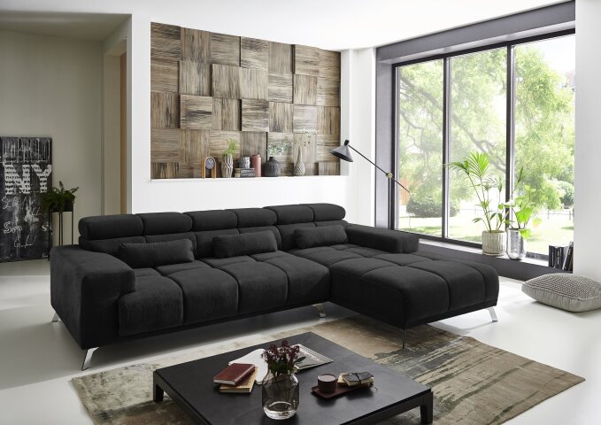 Wohnlandschaft >Starlett< elektr. Sitztiefenverstellung, 3 Kissen, schwarz - 285x99x201 (BxHxT)