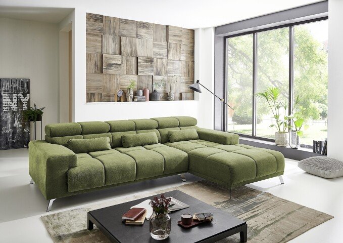 Wohnlandschaft >Starlett< elektr. Sitztiefenverstellung, 3 Kissen, khaki - 285x99x201 (BxHxT)