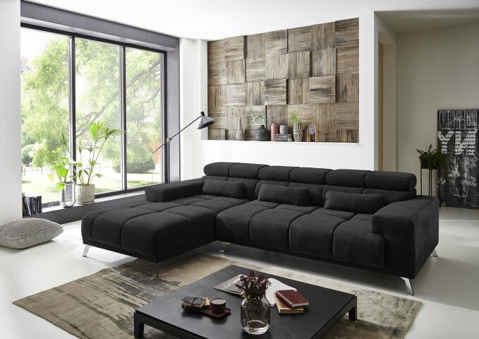 Wohnlandschaft >Starlett< 3 Kopfteilverstellungen, 3 Kissen, schwarz - 285x99x201 (BxHxT)