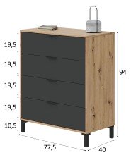 Kommode >ENZO< 4 Schubladen, Nodi Eiche Dekor / Anthrazitgrau - 77,5x93,5x40 (BxHxT)