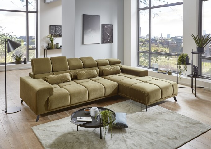 Wohnlandschaft >Starlett< elektr. Sitztiefenverstellung, 3 Kissen, olivgrün - 285x99x201cm BxHxT