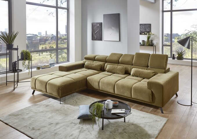 Wohnlandschaft >Starlett< elektr. Sitztiefenverstellung, 3 Kissen, olivgrün - 285x99x201cm BxHxT