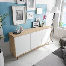 Sideboard >KIKUA PLUS< 3 Türen, Canadian Eiche Dekor / Artik Weiß - 154x75x40 (BxHxT)