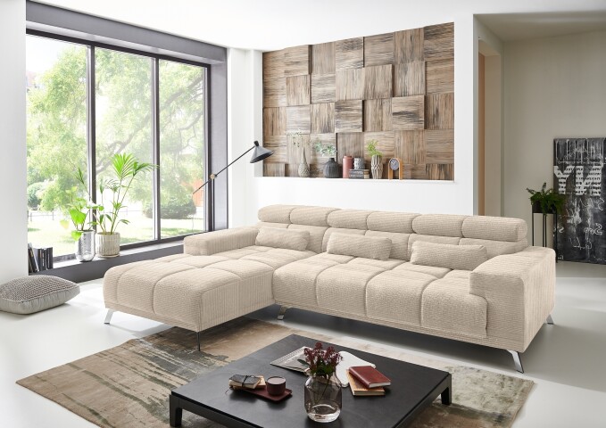 Wohnlandschaft >Starlett< elektr. Sitztiefenverstellung, cord beige - 285x99x201cm (BxHxT)