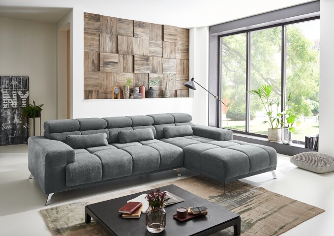 Wohnlandschaft >Starlett< elektr. Sitztiefenverstellung, grau, Füße chrom - 285x99x201 (BxHxT)