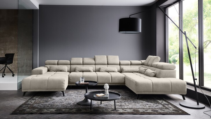 Wohnlandschaft >Starlett< U-Form, Kopfteilverstellungen, Kissen, sand - 375x99x231 (BxHxT)