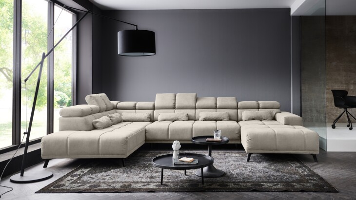 Wohnlandschaft >Starlett< U-Form, elektr. Sitztiefenverstellung, sand - 375x99x231 (BxHxT)