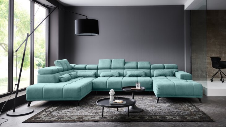 Wohnlandschaft >Starlett< U-Form, Kopfteilverstellungen, mint - 375x99x231 (BxHxT)