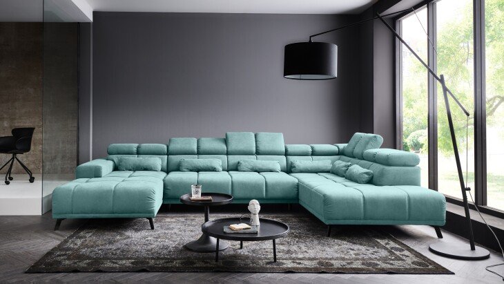 Wohnlandschaft >Starlett< U-Form, elektr. Sitztiefenverstellung, mint - 375x99x231 (BxHxT)