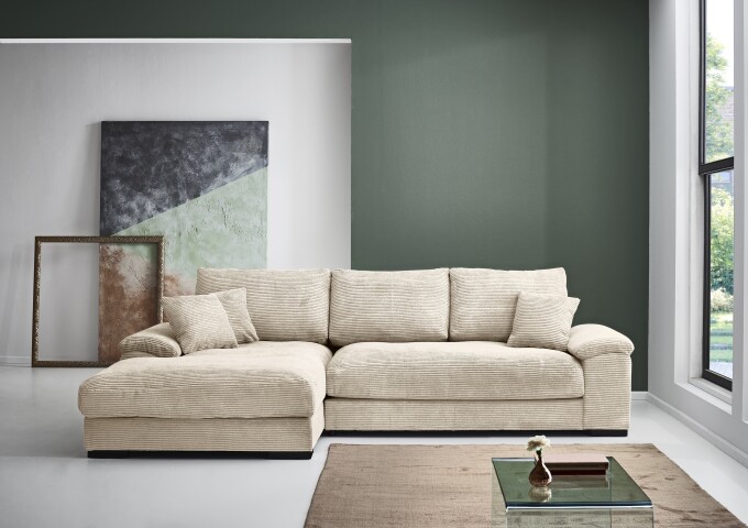 Wohnlandschaft >Adriena< 6 Kissen, Daunen, Cord beige - 281x90x177cm (BxHxT)