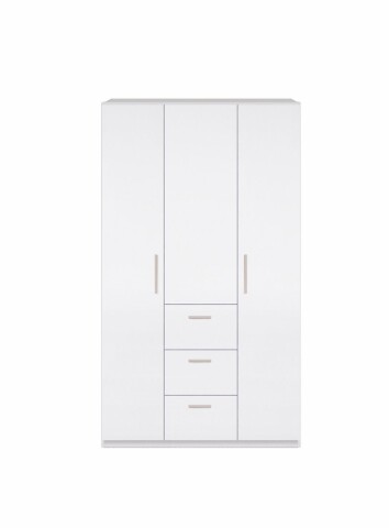 Kleiderschrank >Ward< 3 Türen, Kleiderstange, Böden, Weiß glänzend - 117x203x52 (BxHxT)
