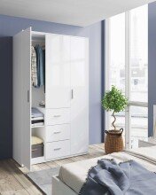 Kleiderschrank >Ward< 3 Türen, Kleiderstange, Böden, Weiß glänzend - 117x203x52 (BxHxT)