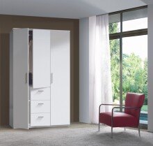 Kleiderschrank >Ward< 3 Türen, Kleiderstange, Böden, Weiß glänzend - 117x203x52 (BxHxT)
