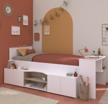 Hochbett >Cleo 1< Stauraum, Liegefl. 90x200, Weiss / Eiche Dekor - 241x116x90cm (LxBxH)