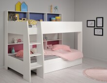Etagenbett >Tam Tam 11< in Weiss, Absetzung Blau / Pink - 208x164x132cm (LxHxT)