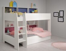 Etagenbett >Tam Tam 11< in Weiss, Absetzung Blau / Pink - 208x164x132cm (LxHxT)