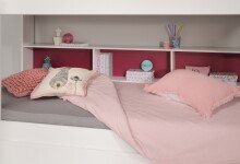 Etagenbett >Tam Tam 11< in Weiss, Absetzung Blau / Pink - 208x164x132cm (LxHxT)