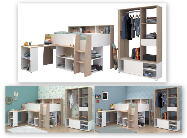 Kinderzimmer-Set >Lucas 11< 2-teilig, Weiss / Eiche Dekor, Hochbett mit Kleiderschrank