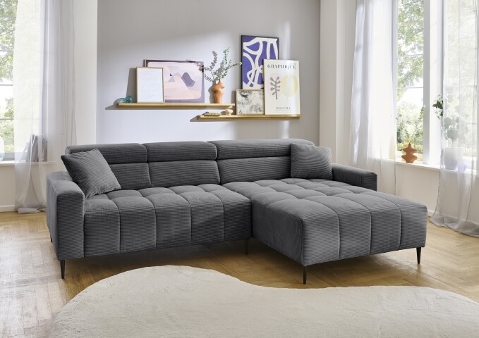 Wohnlandschaft >Stanislaw< elektr. Sitztiefenverstellung, Cord grau - 256x100x180cm (BxHxT)