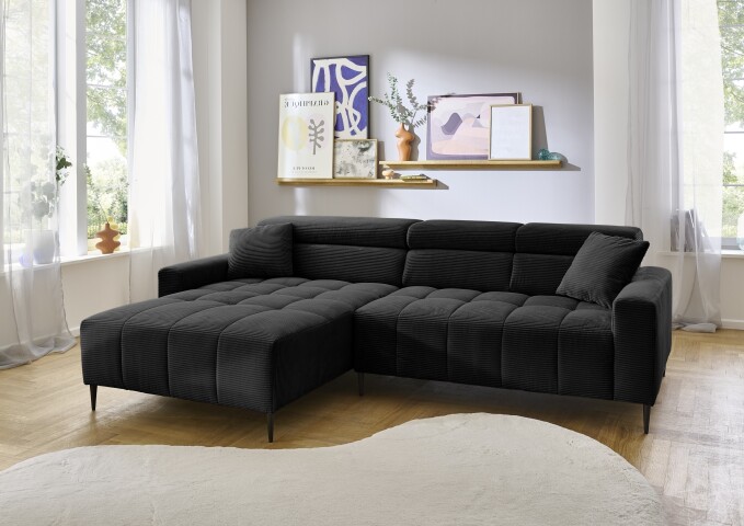 Wohnlandschaft >Stanislaw< elektr. Sitztiefenverstellung, Cord schwarz - 256x100x180cm (BxHxT)