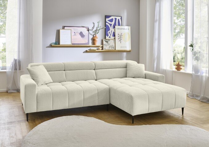 Wohnlandschaft >Stanislaw< elektr. Sitztiefenverstellung, Cord beige - 256x100x180cm (BxHxT)