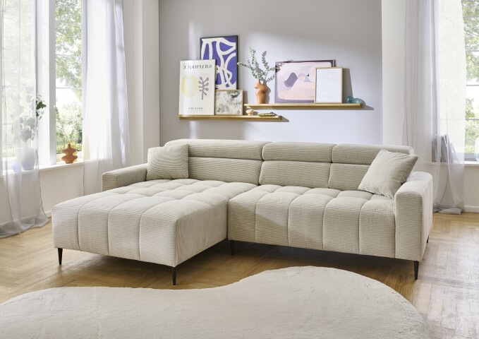 Wohnlandschaft >Stanislaw< elektr. Sitztiefenverstellung, Cord taupe - 256x100x180cm (BxHxT)