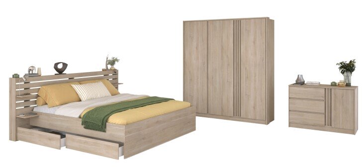 Schlafzimmer-Set >Escale 22< Bett 223x217cm, Kleiderschrank, Kommode, in Japanische Eiche Nachbildung