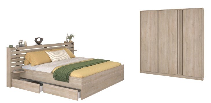 Schlafzimmer Set >Escale 23< Bett 203x217cm, Kleiderschrank, in Japanischer Eiche Nachbildung