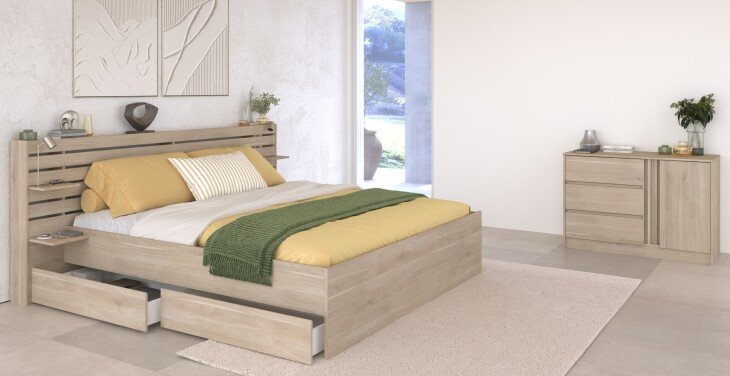 Schlafzimmer-Set >Escale 26< Bett 223x217cm, Kommode, in Japanische Eiche Nachbildung