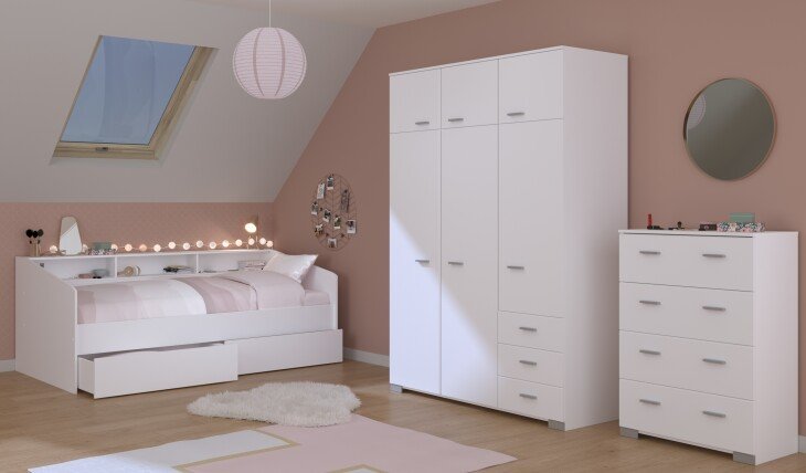 Jugendzimmer-Set >Sleep 41< 4-teilig, Bett, Schübe, Kleiderschrank, Kommode, in Weiß