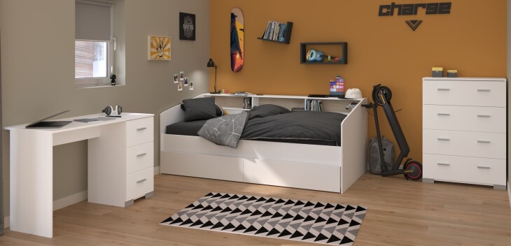 Jugendzimmer-Set >Sleep 44< 4-teilig, Bett, Schübe, Kommode, Schreibtisch, in Weiß