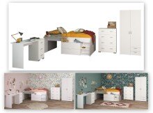 Jugendzimmer-Set >Milky 11< 4-teilig, Bett, Kleiderschrank, Kommode, Schreibtisch, in Weiss / Grey
