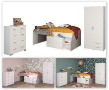 Jugendzimmer-Set >Milky 12< 3-teilig, Bett, Kleiderschrank, Kommode, in Weiss / Grey Loft
