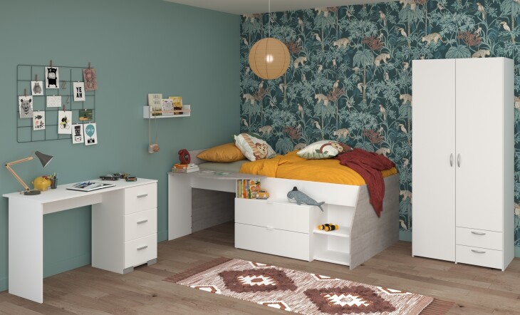 Jugendzimmer-Set >Milky 13< 3-teilig, Bett, Kleiderschrank, Schreibtisch, in Weiss / Grey Loft