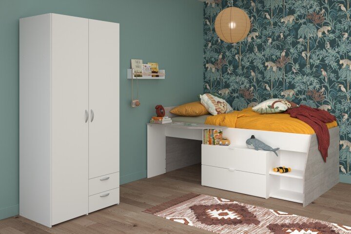 Jugendzimmer-Set >Milky 14< 2-teilig, Bett, Kleiderschrank, in Weiss / Grey Loft