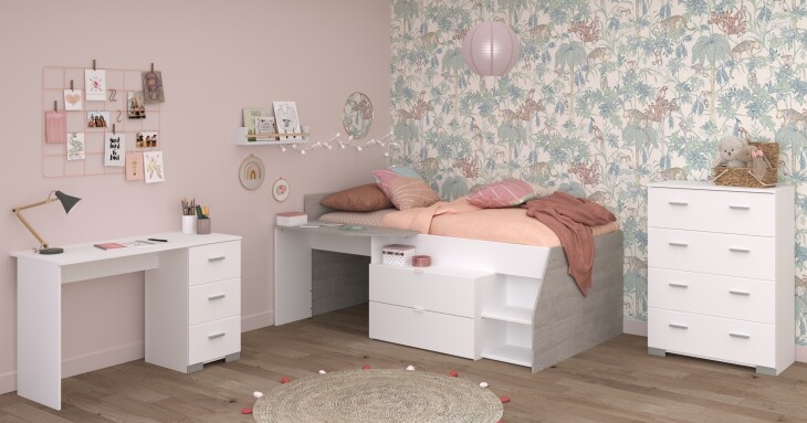 Jugendzimmer-Set >Milky 15< 3-teilig, Bett, Kommode, Schreibtisch, in Weiss / Grey Loft