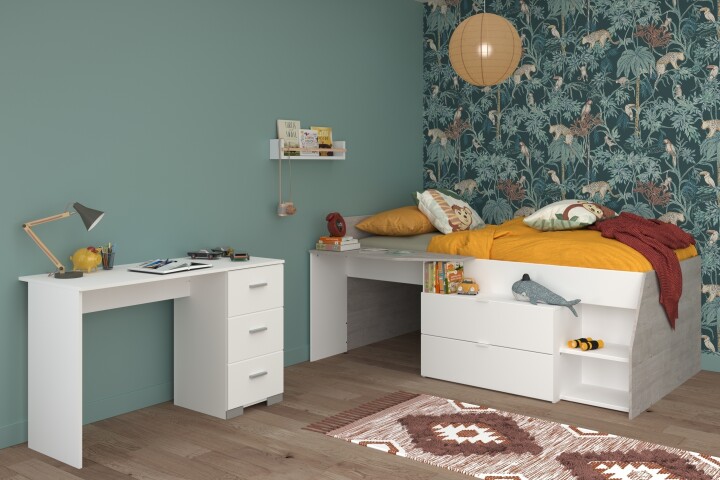 Jugendzimmer-Set >Milky 17< 2-teilig, Bett, Schreibtisch, in Weiss / Grey Loft
