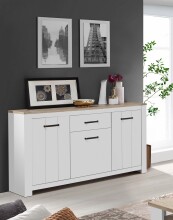 Sideboard >ELARA< in Weiss Matt / Bianco Eiche  - 161,4x95,7x42,2cm (BxHxT)