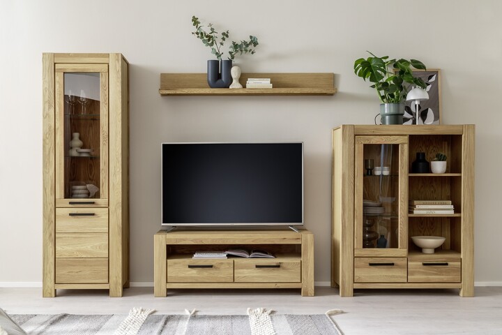 Wohnwand >SILIAS< in natur geölt, Wildeiche teilmassiv - 346x199x50cm (BxHxT)