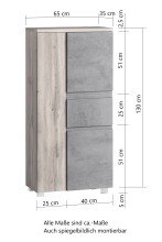 Midischrank >Paris< in Betongrau/ Wotaneiche, MDF - 65x130x35cm (BxHxT)