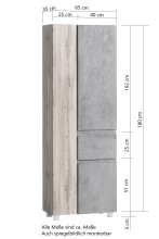 Seitenschrank >Paris< in Betongrau / Wotaneiche, MDF - 65x180x35cm (BxHxT)
