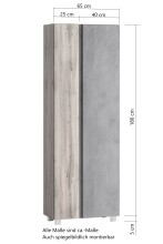 Seitenschrank >Paris< in Betongrau / Wotaneiche, MDF - 65x180x35cm (BxHxT)
